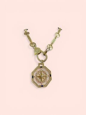 Gold plated Compass Charm Pendant Necklace - Gold with Blue Accents